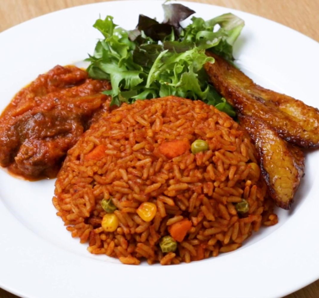 Ghana jollof rice as main dish, coconut candy for dessert - Iya Magazine