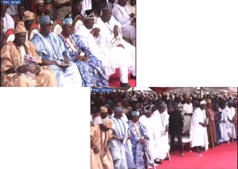 VIDEO: Ex-President Obasanjo raises dust as he orders Yoruba obas to stand up at public event!