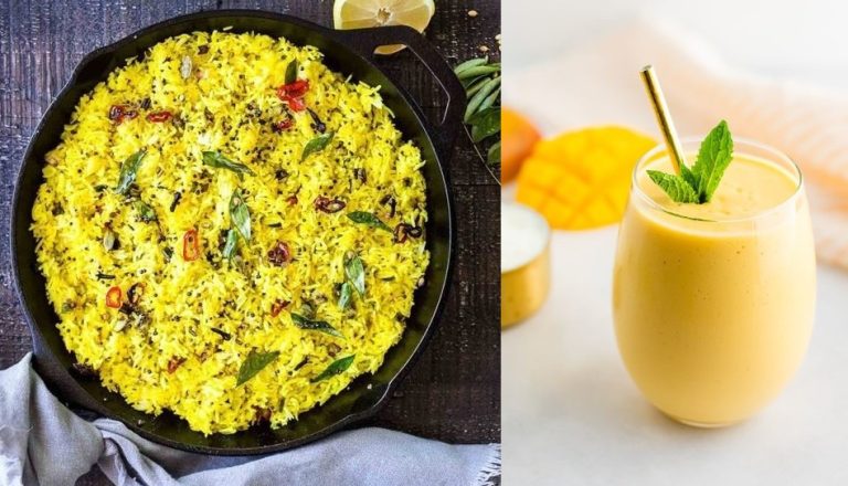 Zesty delight: Enjoy vibrant flavours of lemon rice and mango smoothie!