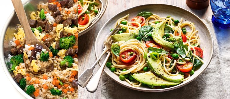 Savour delight of rice with beef and veggies, avocado sauce on pasta